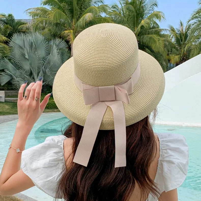 women's classic style bow knot braid curved eaves straw hat