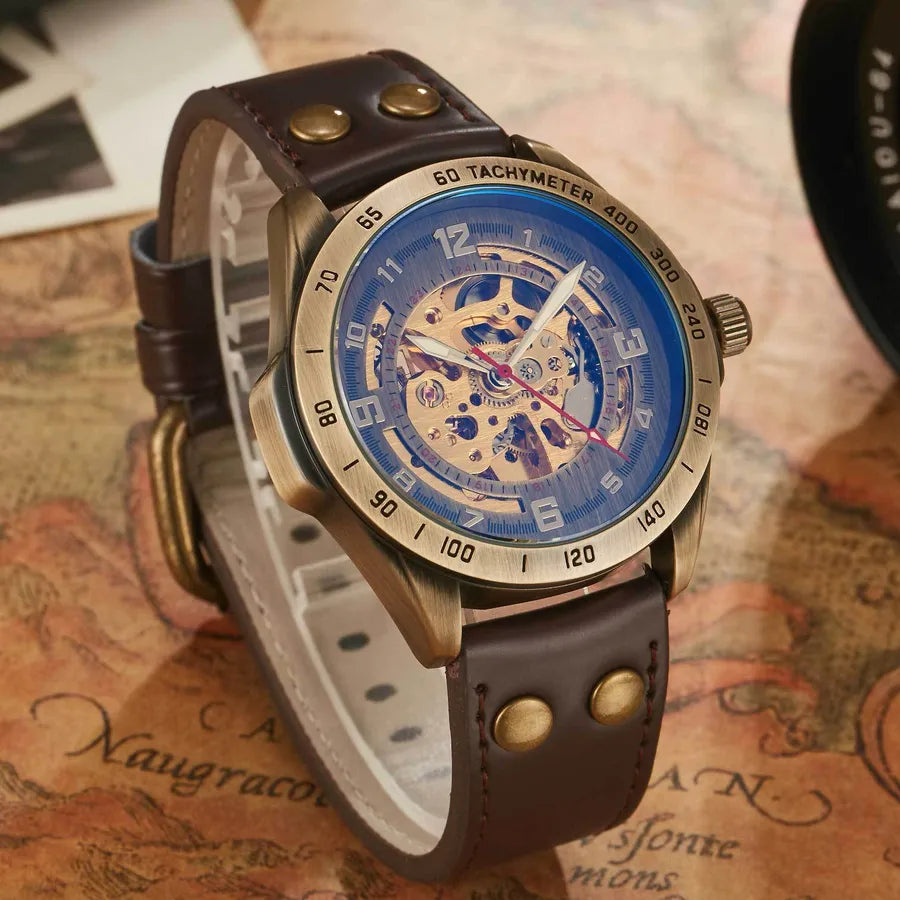 Retro Color Block Butterfly Double Snap Buckle Mechanical Watch Men's Watches