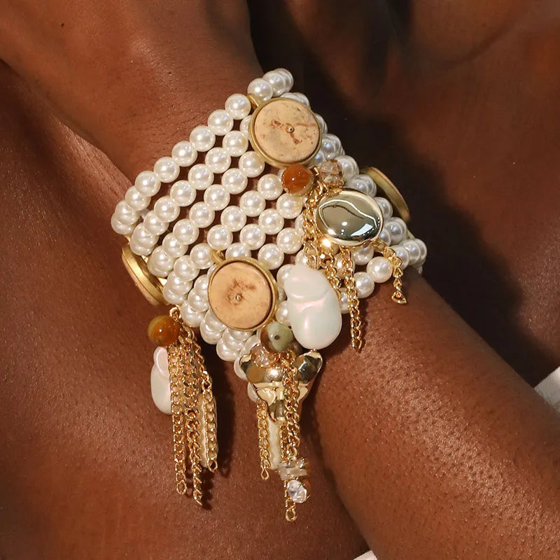 Elegant Lady Streetwear Pearl Imitation Pearl Alloy Wood Beaded Chain Beaded Bracelets Wholesale