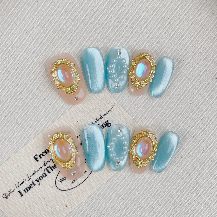 Handmade Cat Eye Nail Tips Pure Gold Mirror Powder Detachable Wearing False Nails Starry Sky Pattern High Gloss Sensation
