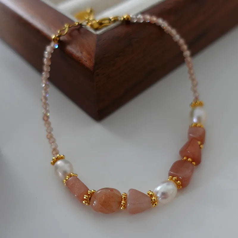 Retro Japanese Style Geometric natural stone Freshwater Pearl Agate Pendant Necklace In Bulk