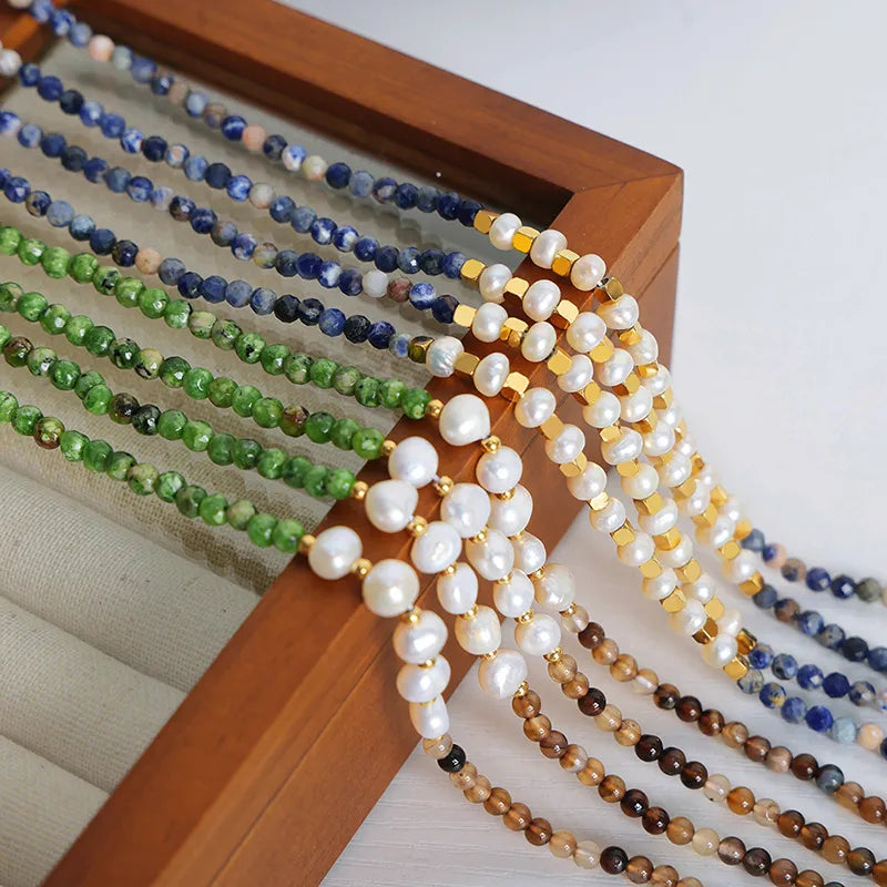 elegant color block natural stone freshwater pearl turquoise  beaded plating 18k gold plated necklace