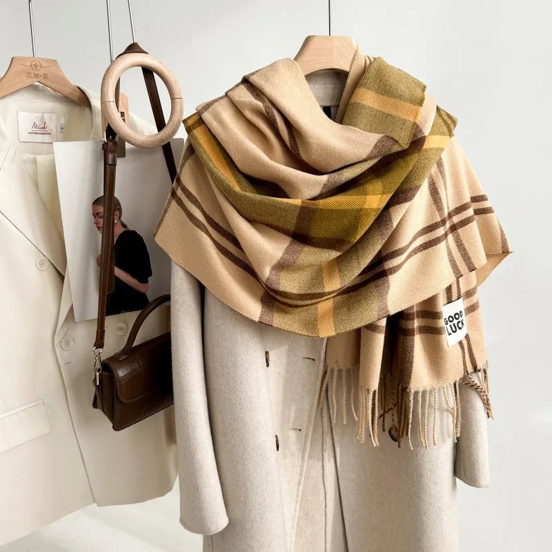 women's fashion simple style plaid polyester tassel scarf