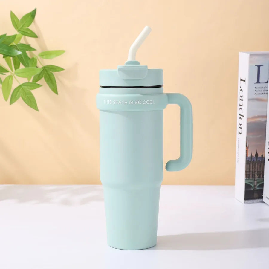 Giant 30Oz Handle Cup, 304 Stainless Steel Thermos Cup, Car Double Drinking Straw Large Ice Cup