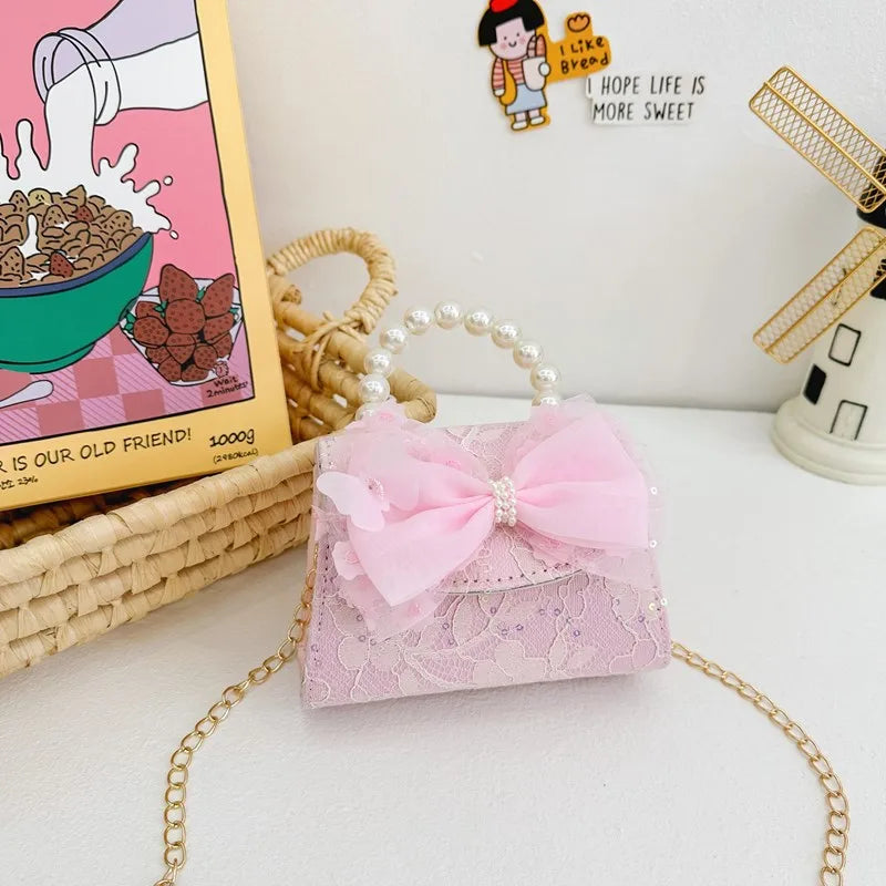 New Children's Bag Crossbody Bag Fashion Pearl Handbag Lace Bow Girl Princess Accessories Bag