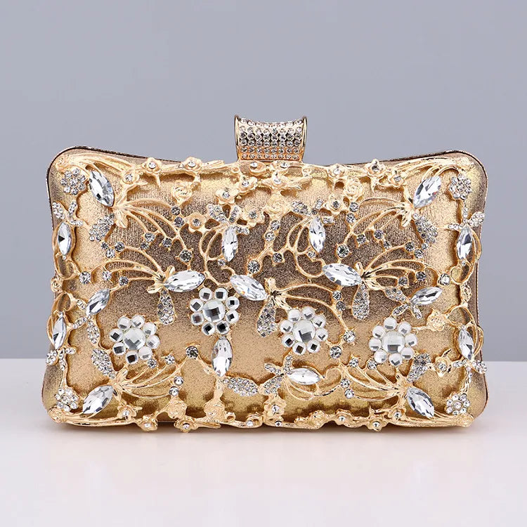 black gold silver pu leather flower rhinestone square clutch evening bag