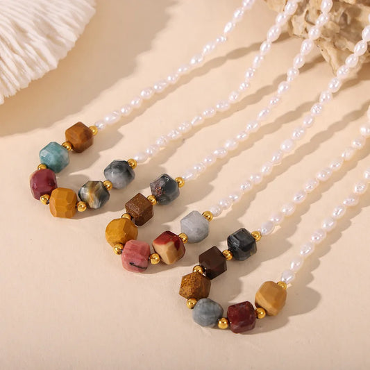 304 Stainless Steel natural stone Freshwater Pearl Ion Plating (IP) Beaded Chain Beaded Geometric Necklace