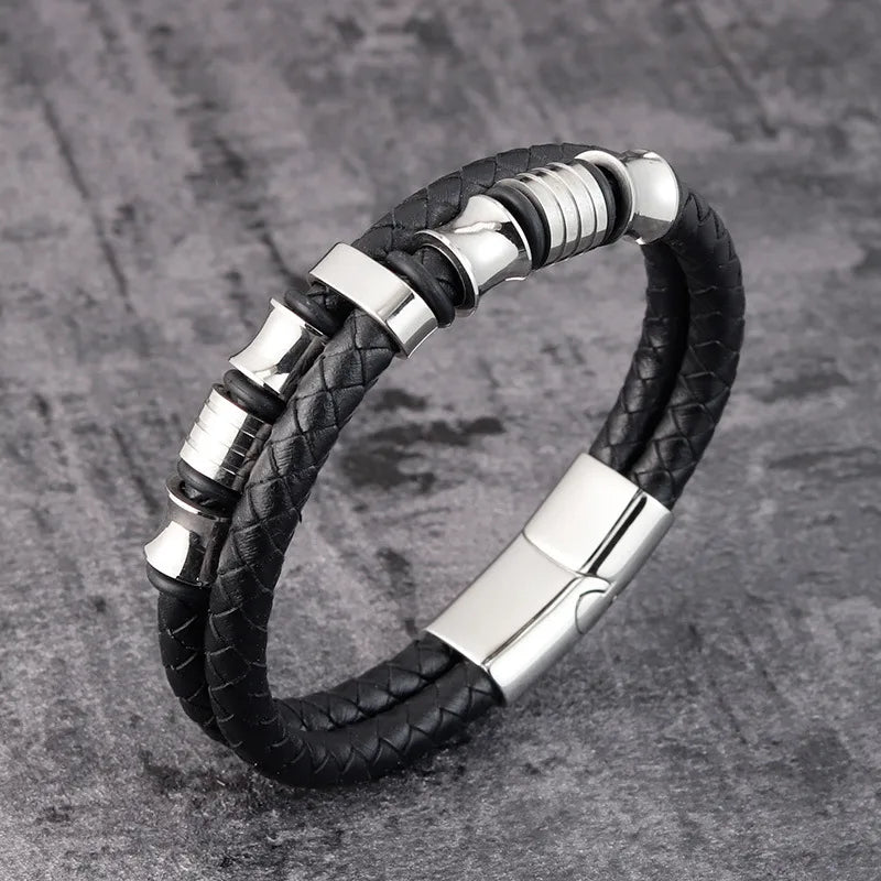 Retro Classic Style Geometric Pu Leather Titanium Steel Woven Chain Wrap Bracelets Wholesale