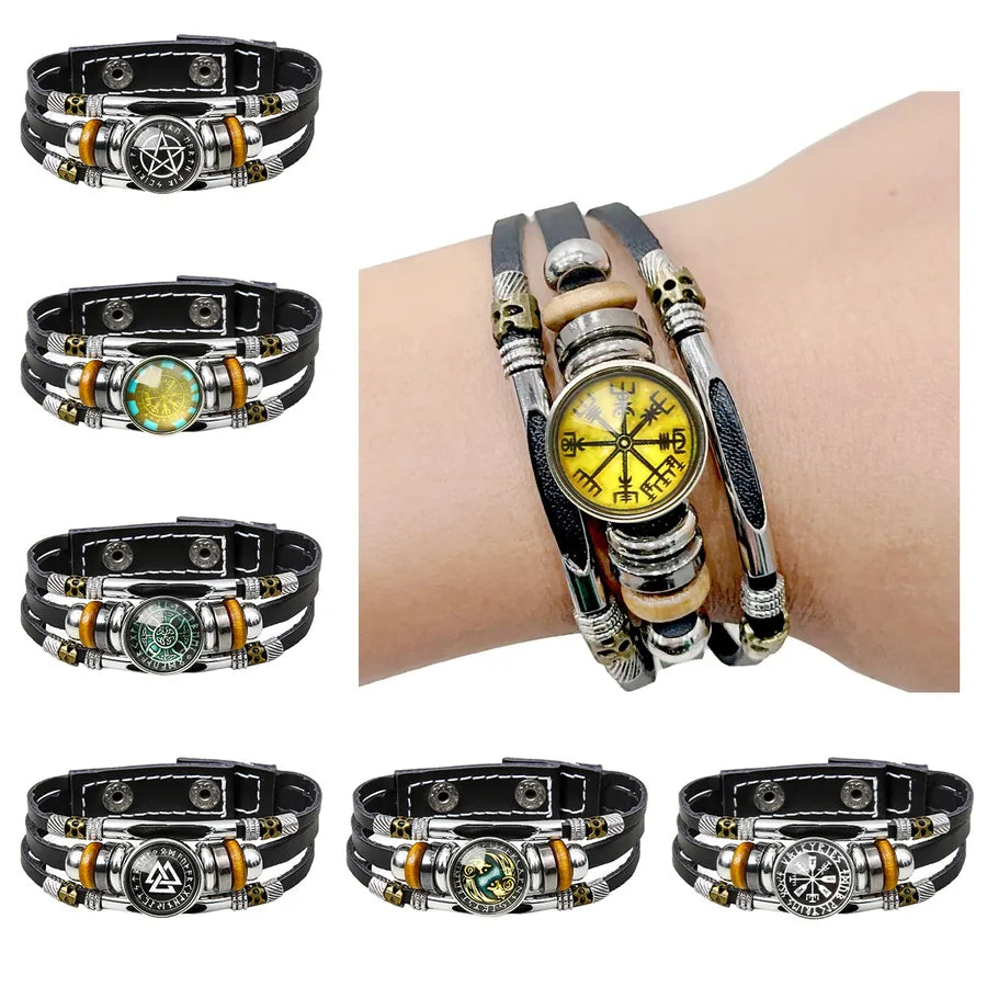 Hot Sale Viking Pirate Compass Pattern Leather Bracelet   Retro Multi-Layer Beaded Bracelet