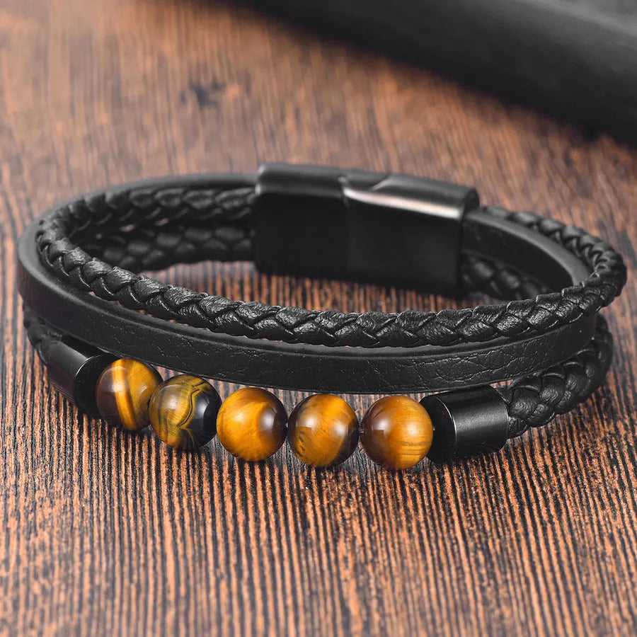 Men's Double-Layer Stainless Steel Black Button Bracelet Woven Leather Tiger Eye Handmade Beaded Bracelet L20329
