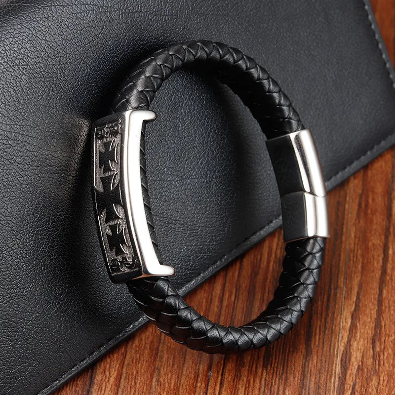 Vintage Style Classic Style Geometric Pu Leather Titanium Steel Woven Chain Wrap Bracelets Wholesale