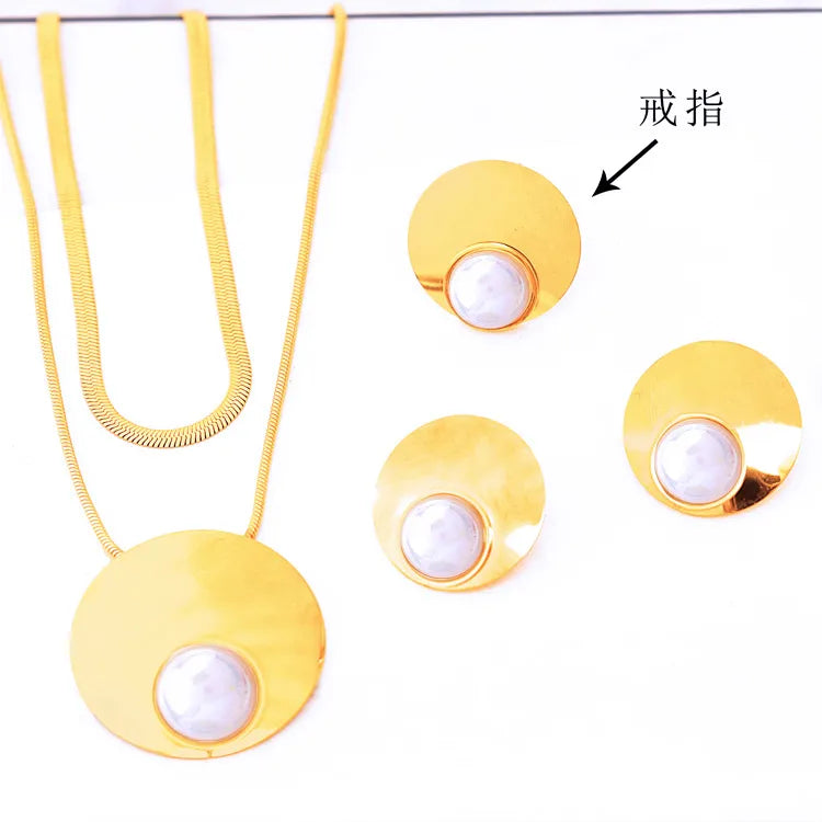 lady round titanium steel inlay freshwater pearl women's earrings necklace