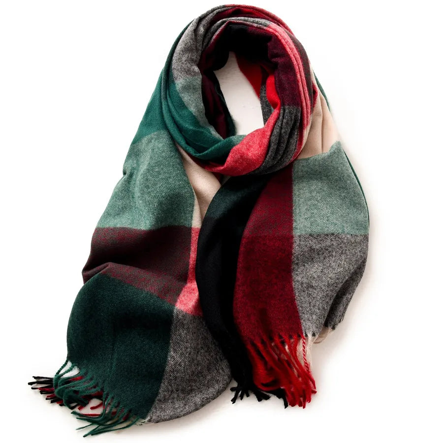 women's retro plaid imitation cashmere tassel winter scarves