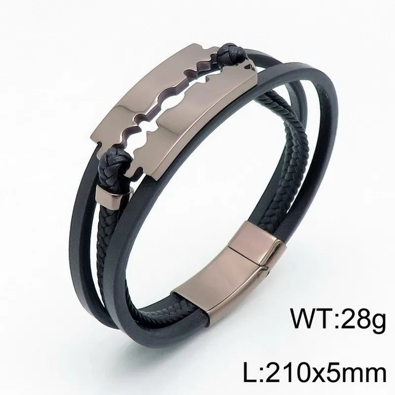 Hip-Hop Retro Color Block Pu Leather Titanium Steel Plating 18K Gold Plated Men's Bracelets