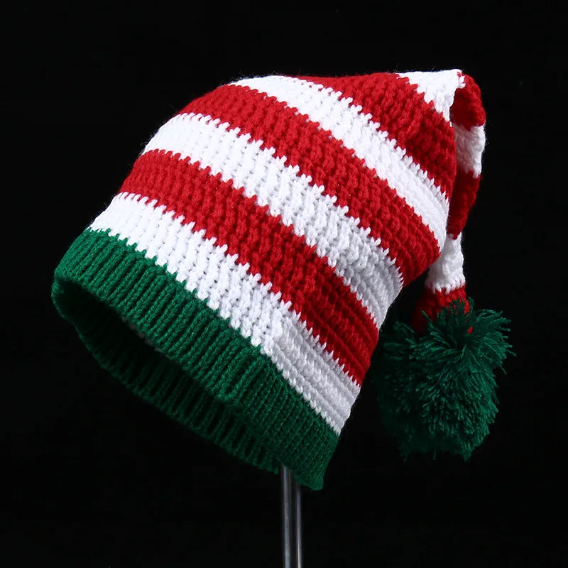 Red Christmas Festival Knitted Wool Hat Autumn and Winter Fur Ball Striped Parent-Child Warm Christmas Gift Knitted Hat