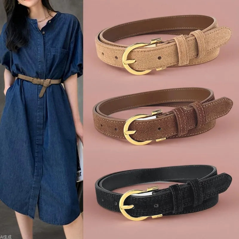 Basic Solid Color Two-Layer Cowhide Alloy Leather Women's Leather Belts