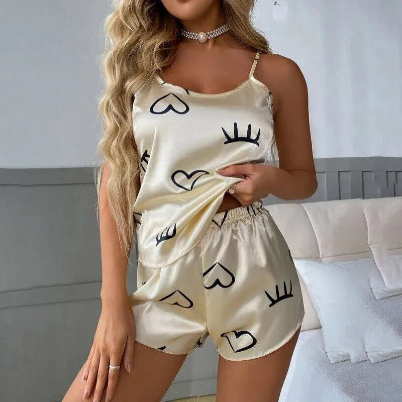 hot sale sexy satin sling pajamas suit fashion love printed shorts outdoor home wear W0100