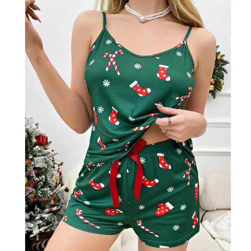 Home Festival Women's Christmas Christmas Socks Snowflake Polyester Milk Fiber Printing Shorts Sets Pajama Sets