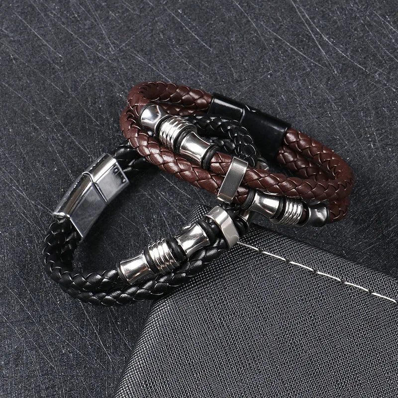 punk solid color stainless steel pu leather men's wristband