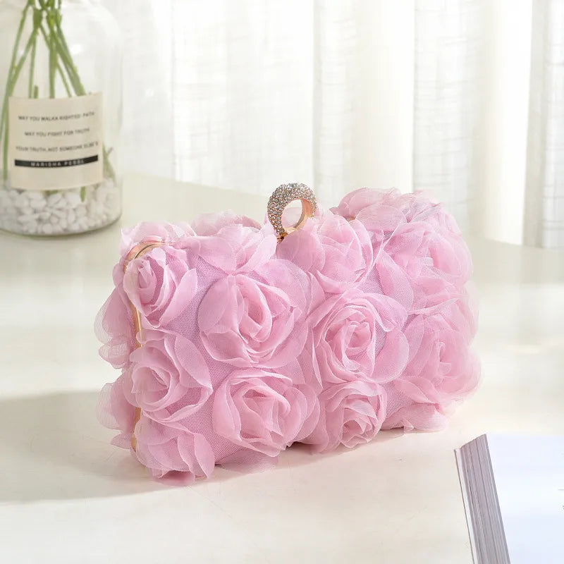 New Rose Flower Shaped Wedding Handbag Fashionable Evening Clutch Bag Nightclub Dress Bag Silk Square Handbag Fresh Sweet Style