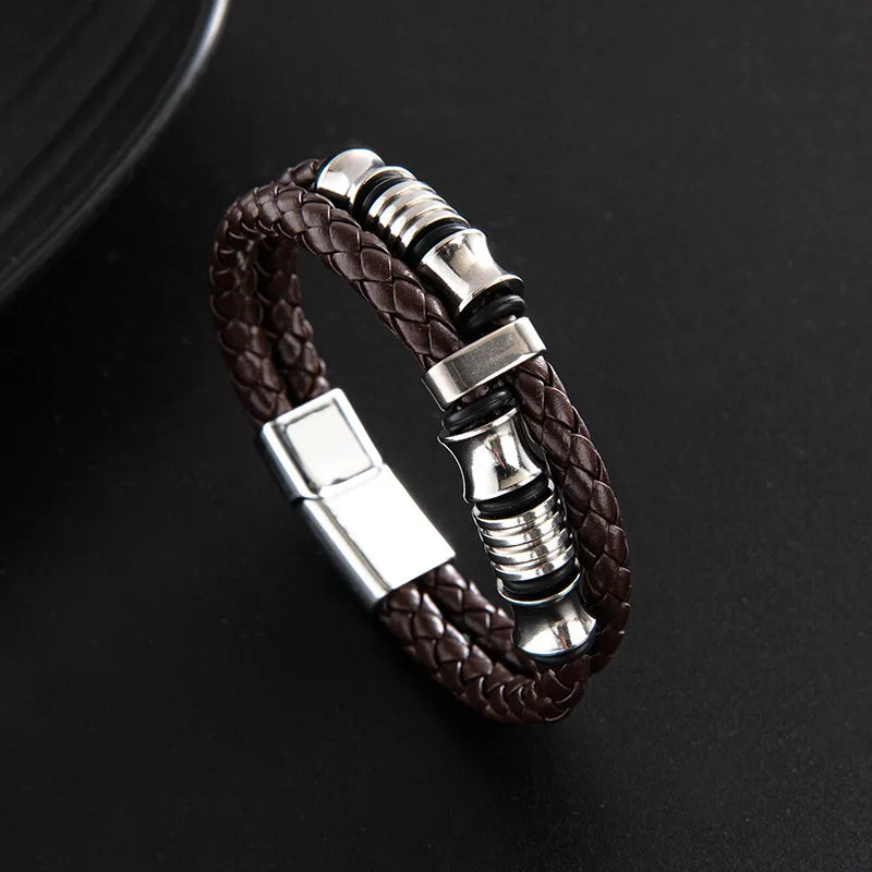 punk solid color stainless steel pu leather men's wristband