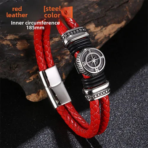 new  men's double leather woven titanium steel bracelet Viking stainless steel DIY leather rope bracelet chain