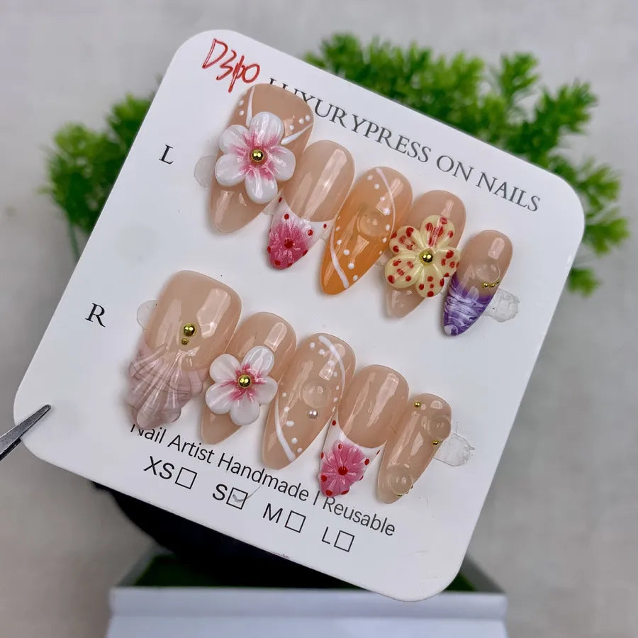 Handmade Detachable Shell Sculpture Cat Eye Almond Nails Ice Transparent Floral Design Wearable False Nails For Women
