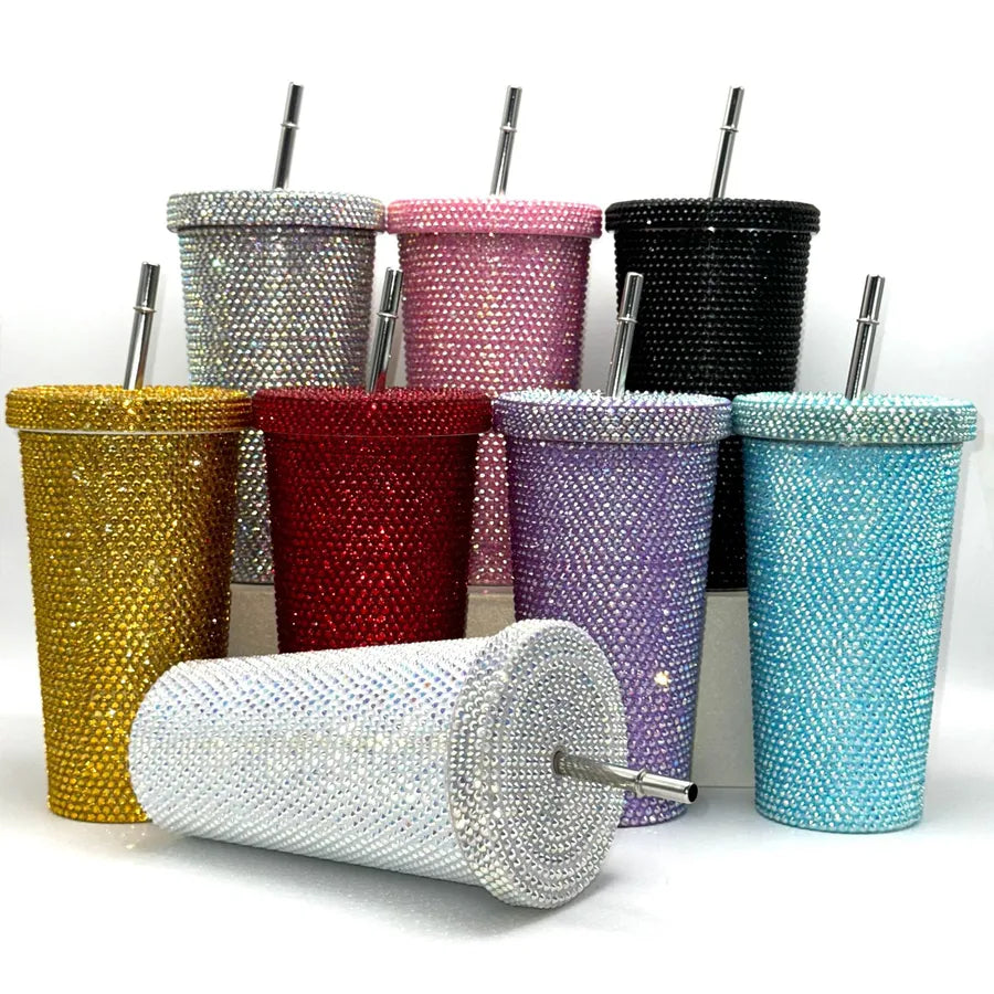 New Diamond-encrusted Insulated Water Cup Double-layer Diamond Tapered Straw Cup Beverage Cup Drinking Cup
