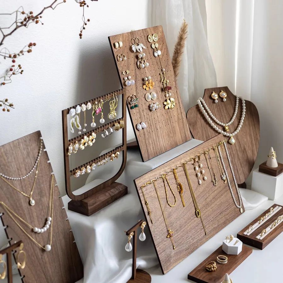 Large Capacity Jewelry Display Stand Walnut Color Earring Necklace Holder Stall Jewelry Showcase Elegant Cherry Wood Grain