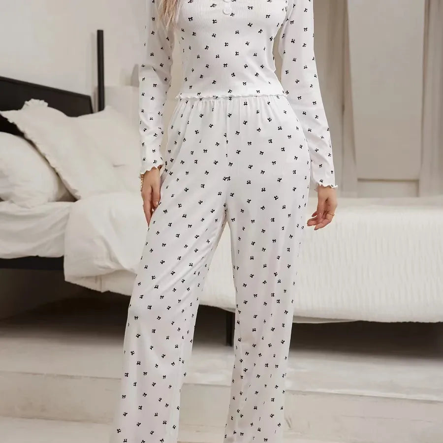 European Style Long Sleeve V-Neck Floral Print Sleepwear Set Women's Home Clothes With Cuffed Pants Thick Polyester Knitted Fabric