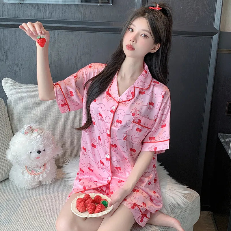 Elegant Ice Silk Sleepwear Women's Summer Butterfly Print Short Sleeve Home Clothes Set Can Be Worn Outside Breathable Casual