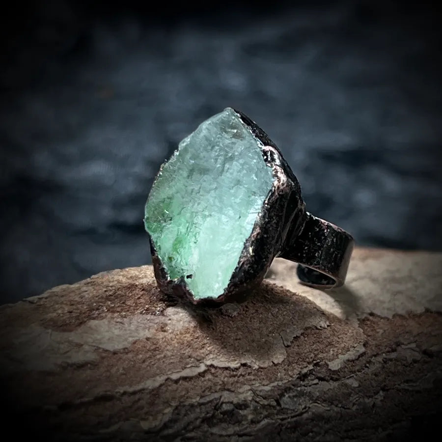 Hip-Hop Retro Geometric natural stone Crystal Fluorite Bronze Plating Open Rings In Bulk