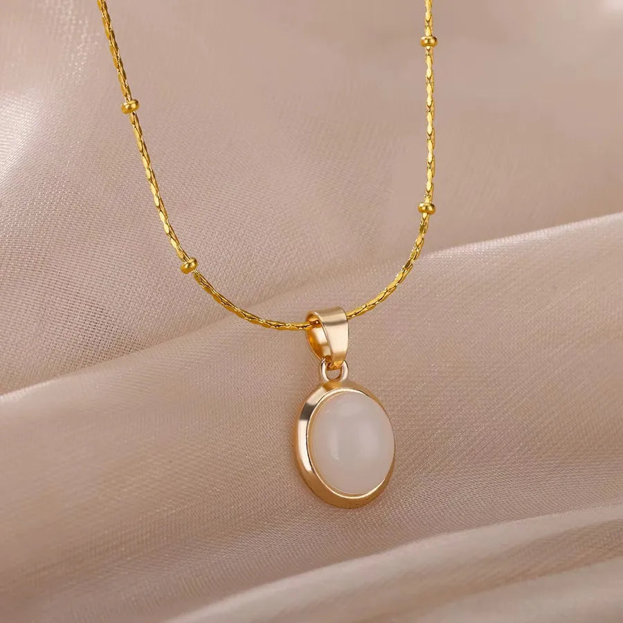 Wholesale Jewelry Elegant Sweet Geometric 304 Stainless Steel Cat's Eye Stone Plating cable chain Pendant Necklace