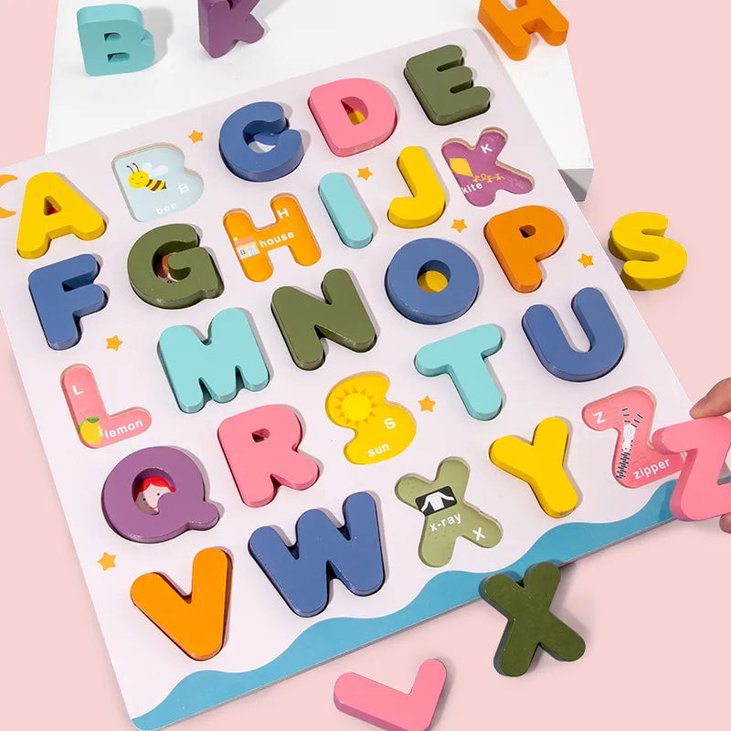 wooden colorful alphabet number cognitive matching puzzle kids  toys