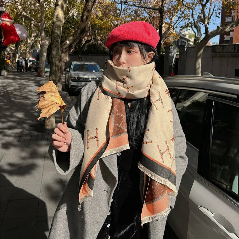 women's retro color block imitation cashmere printing scarf