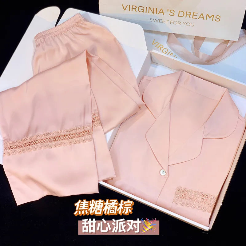 Pure Color Lace Splice Smooth Ice Silk Sleepwear Set Women Long Sleeve Long Pants Two Piece Set High-End Sensation Home Clothes