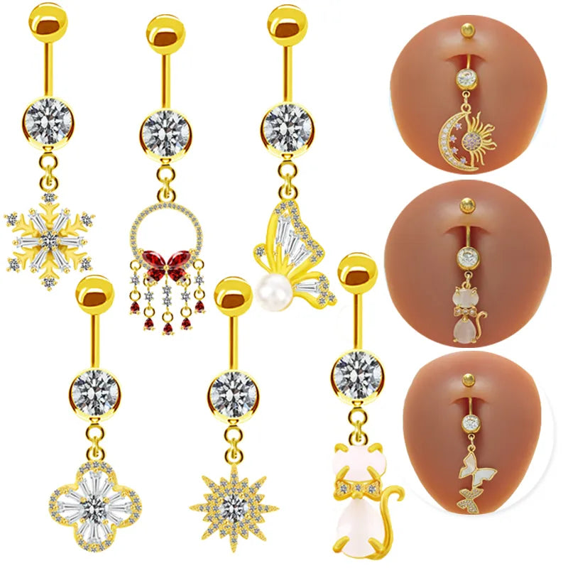 elegant cute classic style animal butterfly snowflake stainless steel alloy rhinestone inlay zircon white gold plated belly ring
