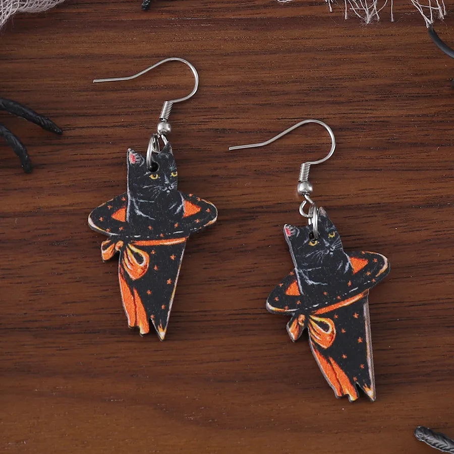 Halloween Cute Angel Cat Magic Hat Black Cat Pendant Earrings Ladies Vintage Wooden Gothic Style Double-Sided Ear Jewelry Party Gift