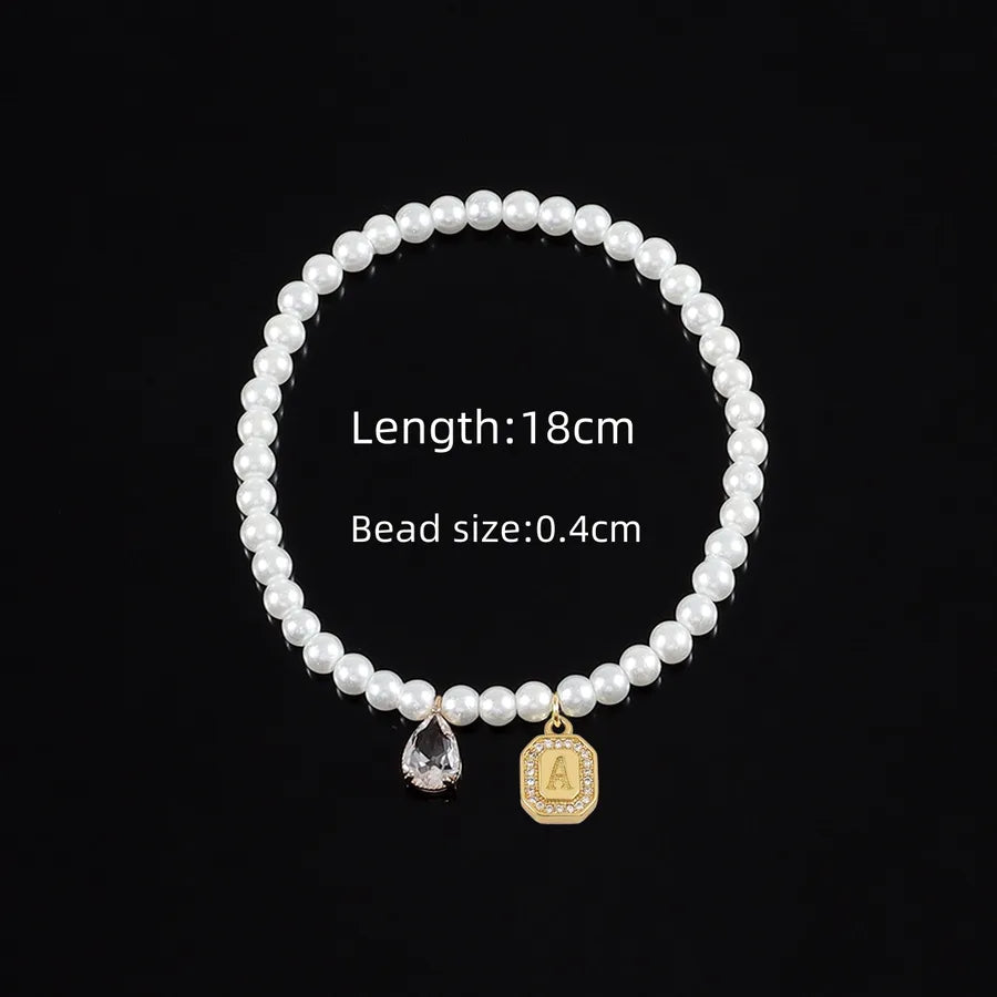Elegant Vintage Style Classic Style Letter Water Droplets Rectangle Artificial Crystal Artificial Pearl Copper Beaded Chain Beaded Bracelets Wholesale