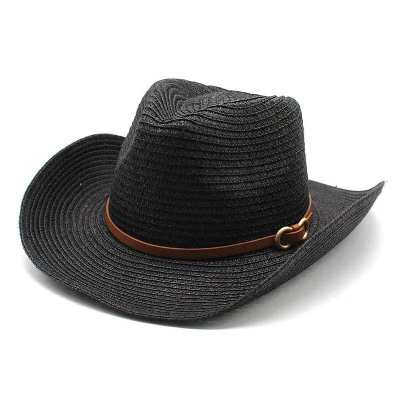 women's cowboy style solid color flat eaves straw hat