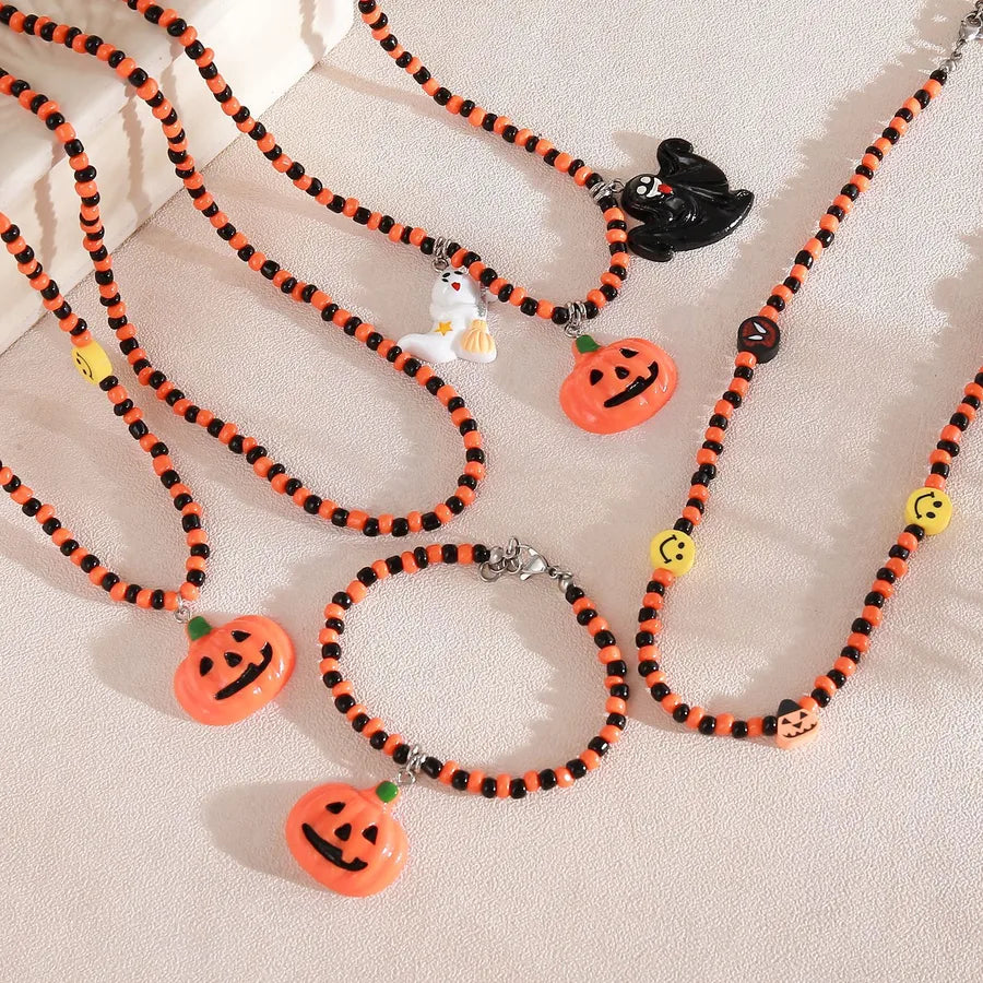 Gothic Halloween Pumpkin Smiley Pendant Necklace Bracelet Set Dark Style Resin Jewelry For Men And Women