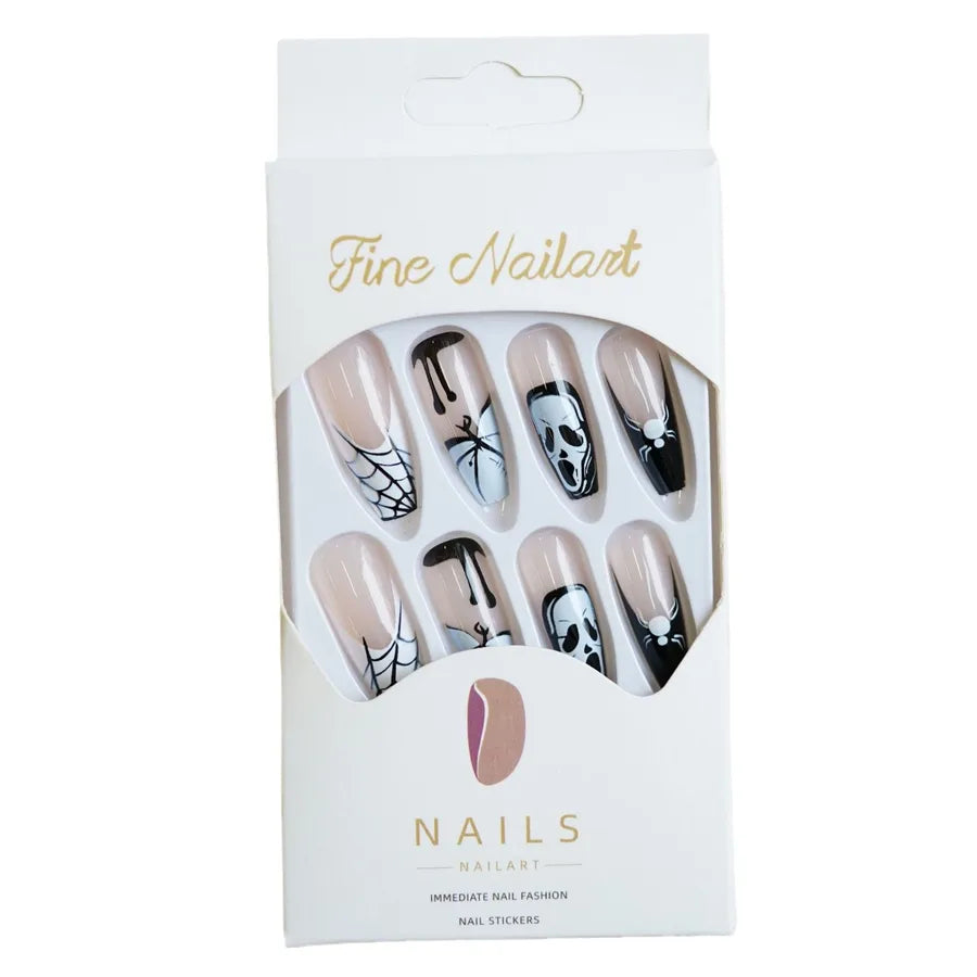 24 pcs/box Wholesale White Spider Skull Patterned Nails Halloween Press on Nail