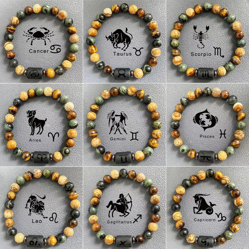 Twelve Constellation Natural Stone Beads Bracelet Hot Selling Tiger Eye Stone Picture Stone Mix and Match Couple Beads Bracelet