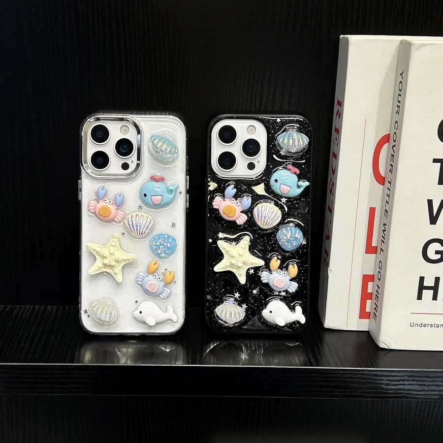 Ocean Life iPhone 15 Pro Max Phone Case Women's Style Drip Glue Protective Cover Personalized Design Handmade TPU Transparent Black