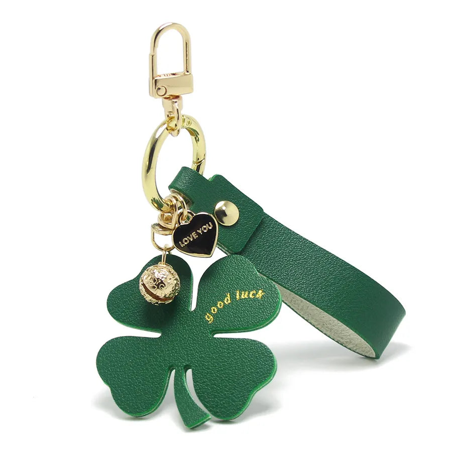 Lucky Four-Leaf Clover Car Leather Key Chain Pendant Internet Celebrity Valentine's Day Gift Four-Leaf Clover Bell Pendant