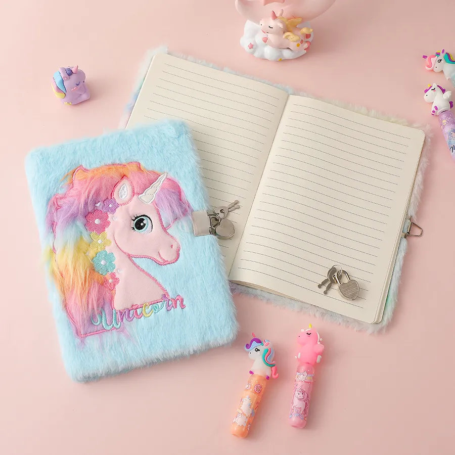 Cute  A5 Cartoon Plush Notebook With Lock Children's Diary Book Girl's Scrapbooking Notebook Pink Purple Tie Dye