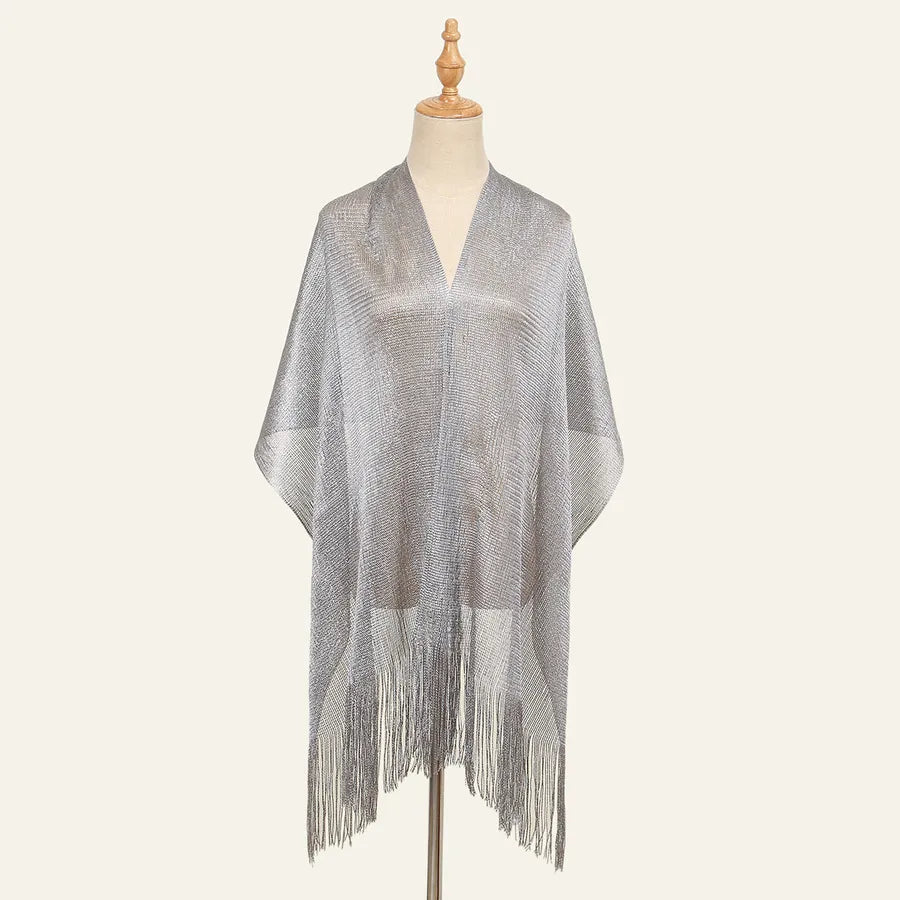 Women's Elegant Solid Color Gold and Silver Wire Tassel Scarf