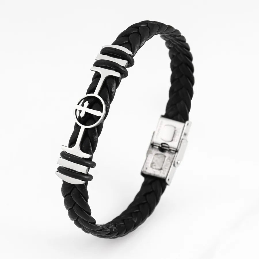 Retro Punk Solid Color 304 Stainless Steel Pu Leather Plating Men's Bangle Men Cord & Leather Bracelets