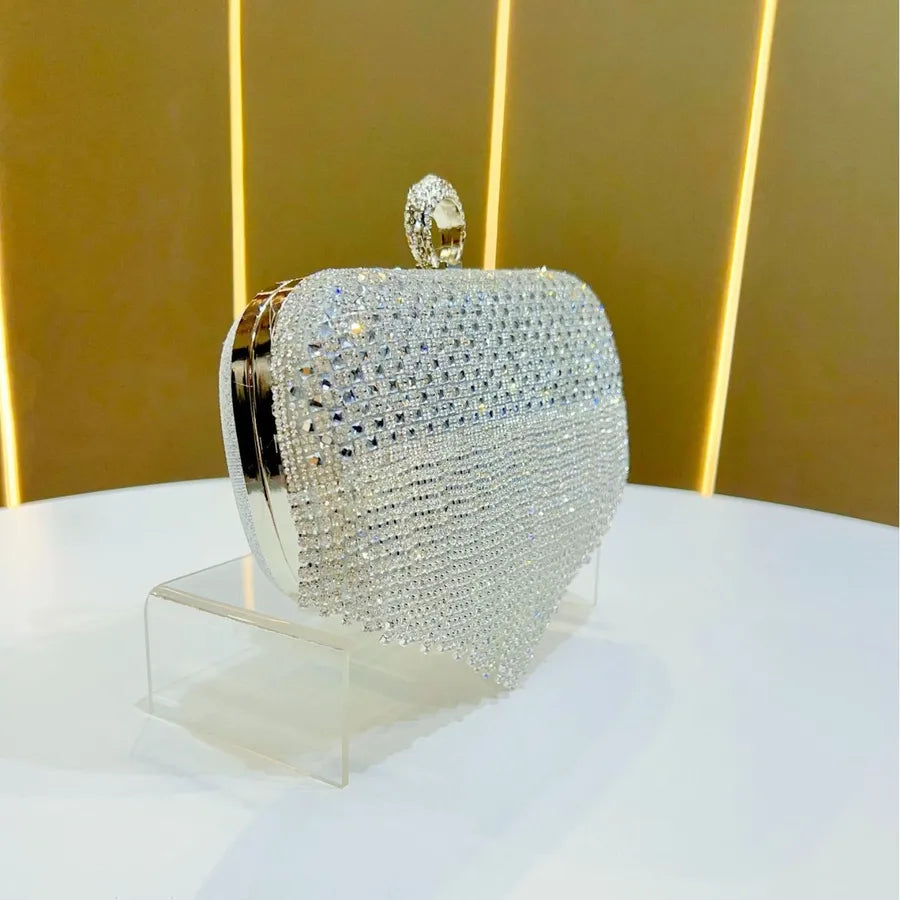 Fashionable Full Diamond Evening Clutch Bag Tassel Embellished Party Dress Wedding Gown Complement Square Polyester Bag