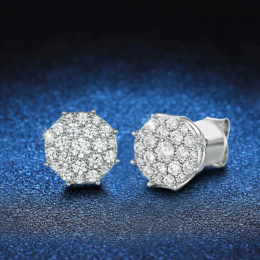 Moissanite 925 Sterling Silver Ear Studs Round Brilliant Cut Geometric White Gold Plated Ear Studs